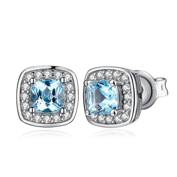 Blue Topaz Halo Sterling Silver Earrings NEW - Picture 2 of 4